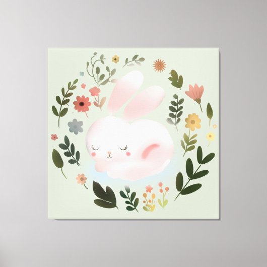 かわいいパステルカラーの春のうさぎ花輪の幼児部屋アート キャンバスプリント (正面)