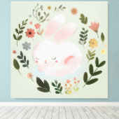 かわいいパステルカラーの春のうさぎ花輪の幼児部屋アート キャンバスプリント (インサイチュ (ウッドフロア))
