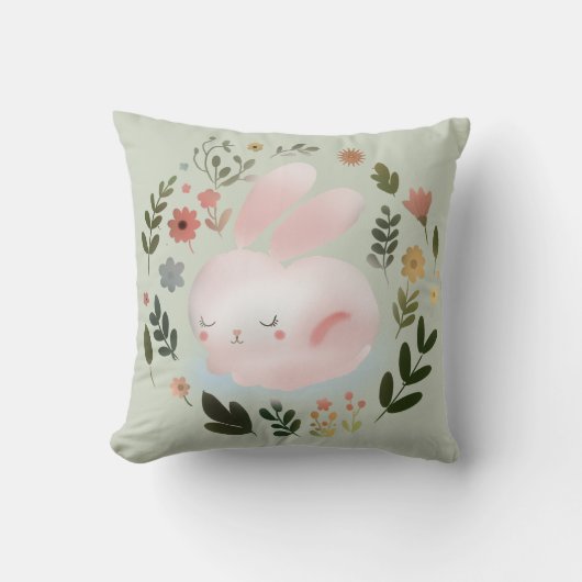 かわいいパステルカラーの春のうさぎ花輪の幼児部屋アート クッション (正面)