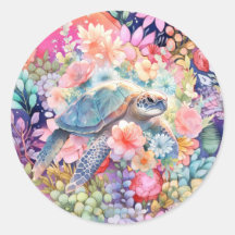 かわいいパステルカラーの春の水彩花の海ガメ