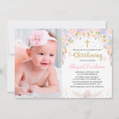 かわいいパステルカラーの水彩花の女の子の洗礼 招待状 (正面)
