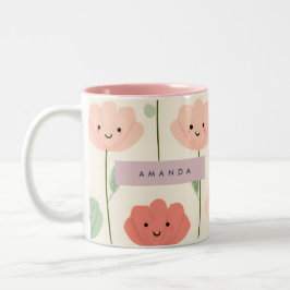 かわいいパステルカラーの笑顔のお花デザイングッズ（名入れ可能） ツートーンマグカップ