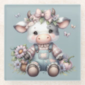 かわいいパステルカラーの赤ちゃん牛が花のオーバーオールを着ている ガラスコースター (正面)