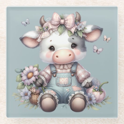 かわいいパステルカラーの赤ちゃん牛が花のオーバーオールを着ている ガラスコースター (正面)