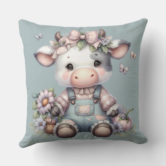 かわいいパステルカラーの赤ちゃん牛が花のオーバーオールを着ている クッション (裏面)