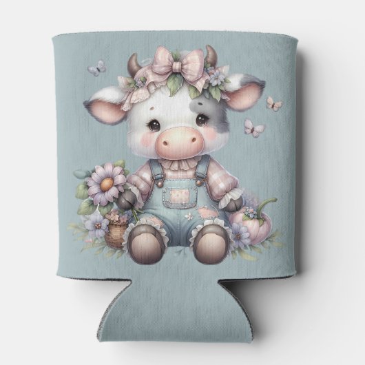 かわいいパステルカラーの赤ちゃん牛が花のオーバーオールを着ている 缶クーラー (裏面)
