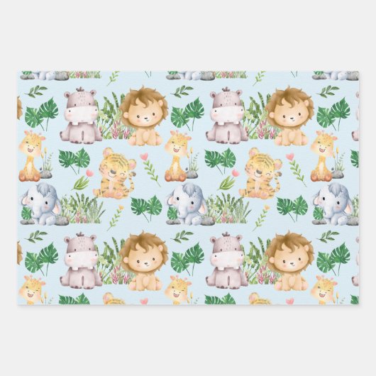 かわいいパステルカラーサファリジャングルアニマル ラッピングペーパーシート (正面)