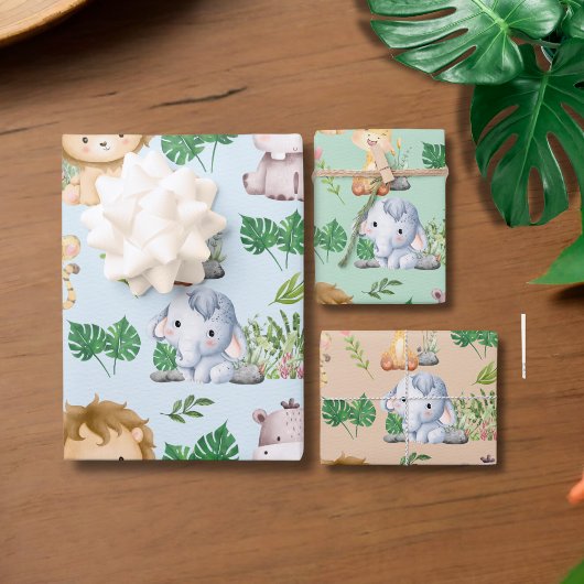 かわいいパステルカラーサファリジャングルアニマル ラッピングペーパーシート