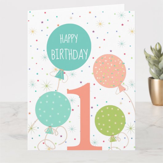 かわいいパステルカラーバルーン1st誕生日 カード (小さな植物)
