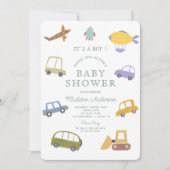 かわいいパステルカートラック飛行機ロケットベビーシャワー 招待状 (正面)
