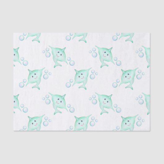 かわいいパステルグリーンキッズウォーターカラーシャーク 薄葉紙 (正面)