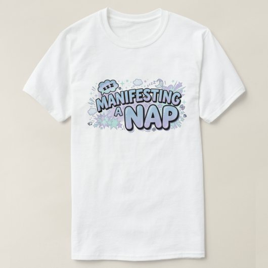 かわいいパステルコミックの「昼寝を現実に」デザイン Tシャツ (デザイン正面)