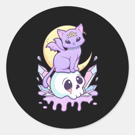 かわいいパステルゴシック不気味な猫とスカル ラウンドシール (正面)
