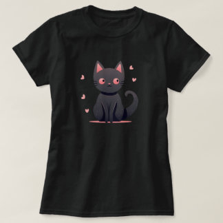 かわいいパステルゴス黒猫とピンクのハートTシャツ Tシャツ