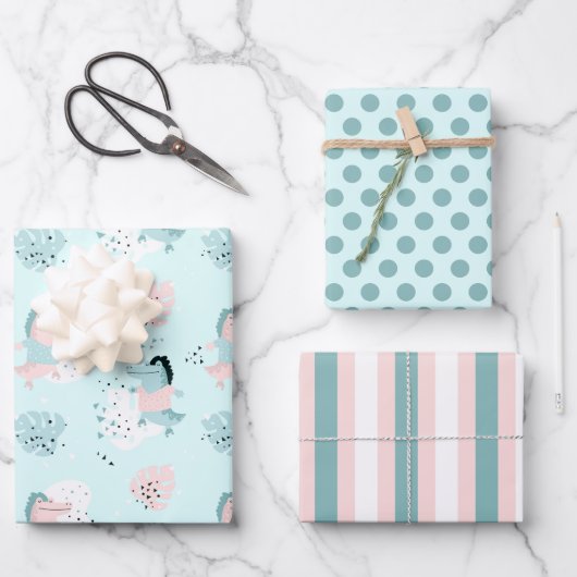 かわいいパステルジャングルアリゲータラッピング紙セット ラッピングペーパーシート (正面)