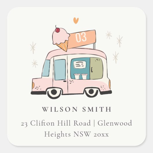 かわいいパステルスイートタイムアイスクリームトラックアドレス スクエアシール (正面)