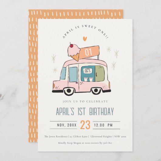 かわいいパステルスウィートワンアイスクリームトラック1st誕生日 招待状 (正面/裏面)