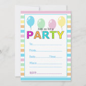 かわいいパステルストライプ誕生日とバルーン 招待状 (正面)