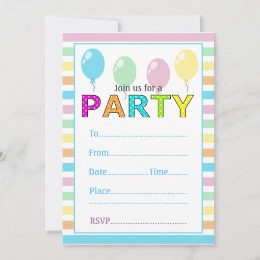 かわいいパステルストライプ誕生日とバルーン 招待状 (正面)