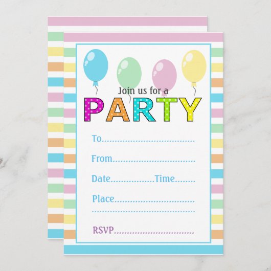 かわいいパステルストライプ誕生日とバルーン 招待状 (正面/裏面)
