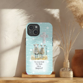 かわいいパステルターコイズブルーの花柄の羊の十字架の聖書 iPhone 15ケース
