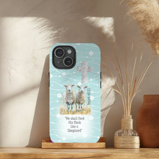 かわいいパステルターコイズブルーの花柄の羊の十字架の聖書 Case-Mate iPhoneケース