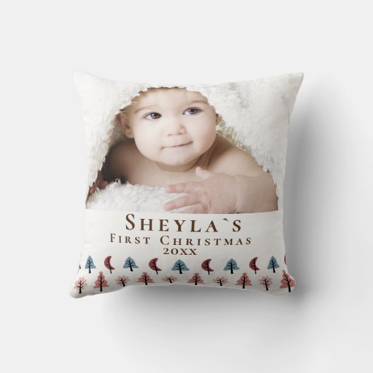 かわいいパステルツリーベビーの初めてのクリスマス写真 クッション (裏面)