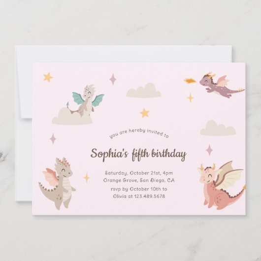 かわいいパステルドラゴン子供の誕生日パーティー 招待状 (正面)