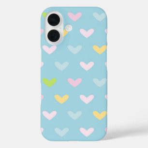かわいいパステルハートパターンライトブルー iPhone 16ケース