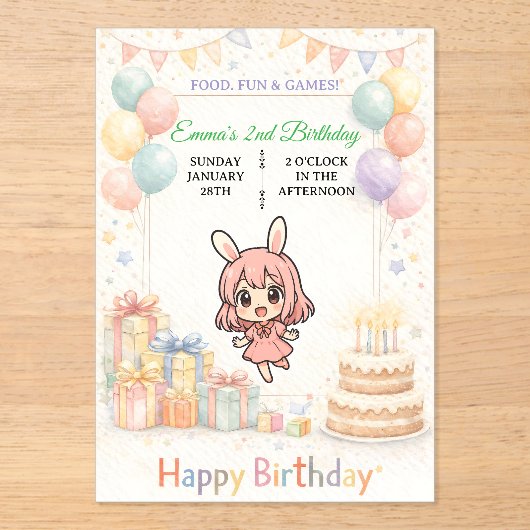 かわいいパステルバニー誕生日招待状 アクリル招待状 (正面)