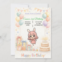 かわいいパステルバニー誕生日招待状