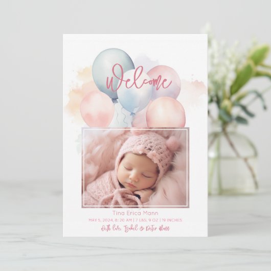 かわいいパステルバルーンウェルカムベビーガール誕生 案内状 (スタンド正面)