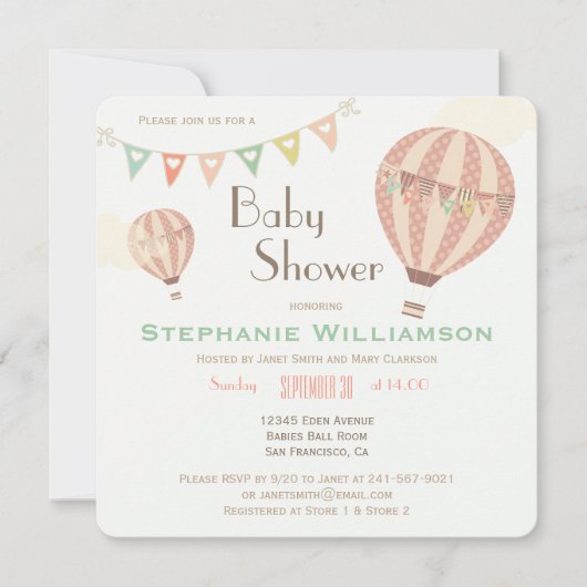 かわいいパステルバンティング&ホットエアバルーンベビーシャワー 招待状 (正面)