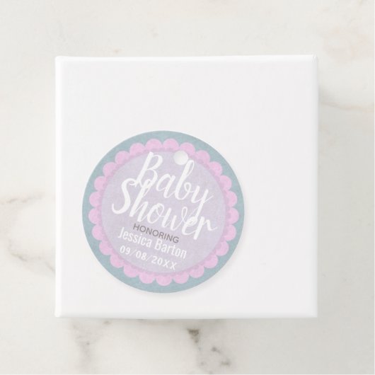 かわいいパステルピンクとグレーのカスタム赤ちゃんシャワー フェイバータグ (インサイチュ)