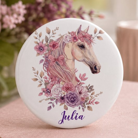 かわいいパステルピンクと紫の馬のモノグラム女子ギフト 缶バッジ