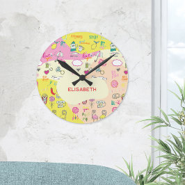 かわいいパステルピンクのキモかわドゥードル ラウンド壁時計