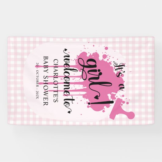 かわいいパステルピンクのギンガムベビーシャワー 横断幕 (横)