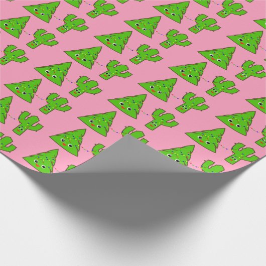 かわいいパステルピンクのクリスマスツリーサボテンおもしろいクリスマス ラッピングペーパー (角)