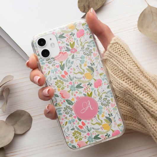 かわいいパステルピンクのフローラ植物性モノグラム Case-Mate iPhoneケース