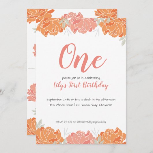 かわいいパステルピンクの芍薬 女の子の1歳誕生日パーティー 招待状 (正面/裏面)