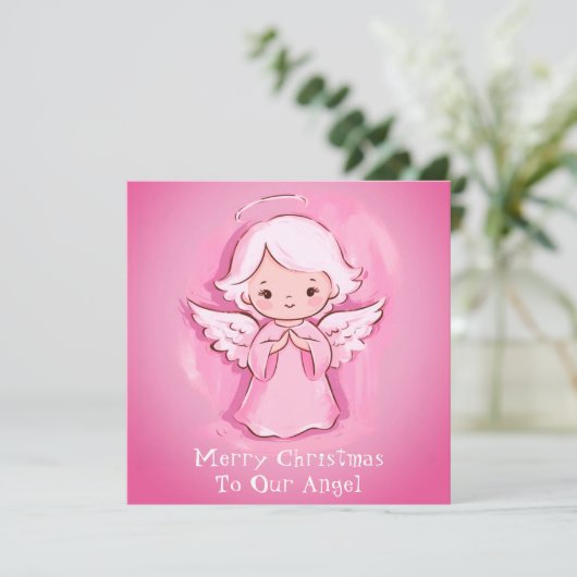 かわいいパステルピンクエンジェル、女の子クリスマス シーズンカード (スタンド正面)