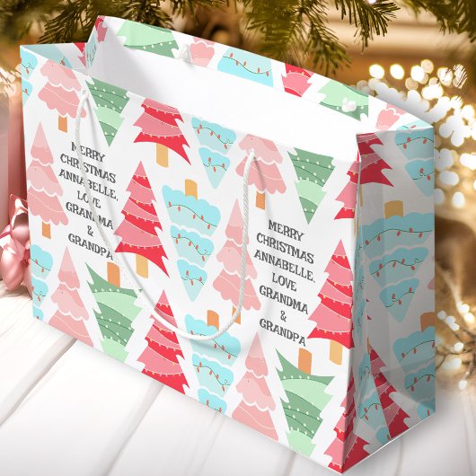 かわいいパステルピンクカラフルクリスマスツリー名 ラージペーパーバッグ
