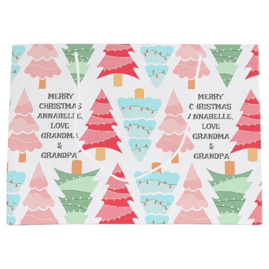 かわいいパステルピンクカラフルクリスマスツリー名 ラージペーパーバッグ (正面)