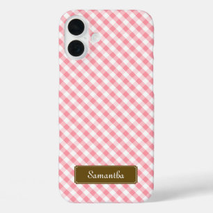 かわいいパステルピンクギンガムパターン iPhone 16 PLUSケース
