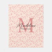 かわいいパステルピンクハートパターンスクリプトモノグラム フリースブランケット (正面)