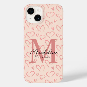 かわいいパステルピンクハートパターンスクリプトモノグラム Case-Mate iPhone 14ケース