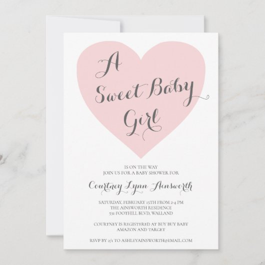 かわいいパステルピンクハート甘いベビーガールベビーシャワー 招待状 (正面)
