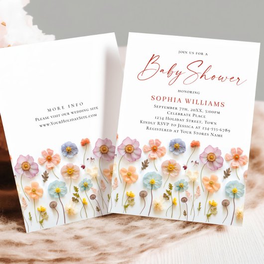 かわいいパステルピンクボホワイルドフラワーベビーシャワー 招待状