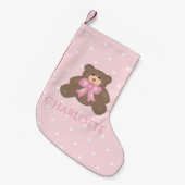 かわいいパステルピンクリボンスイートテディベアーベビーガール スモールクリスマスストッキング (正面 (吊り時))