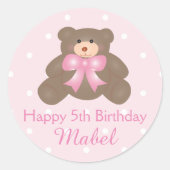かわいいパステルピンクリボンテディベアーガール誕生日 ラウンドシール (正面)